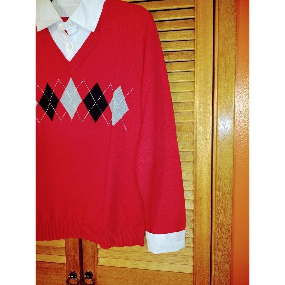 Y2K Cotton Argyle Sweater‎ Red Black French Cuff & Collar Layered Style - Large - Picture 4 of 8